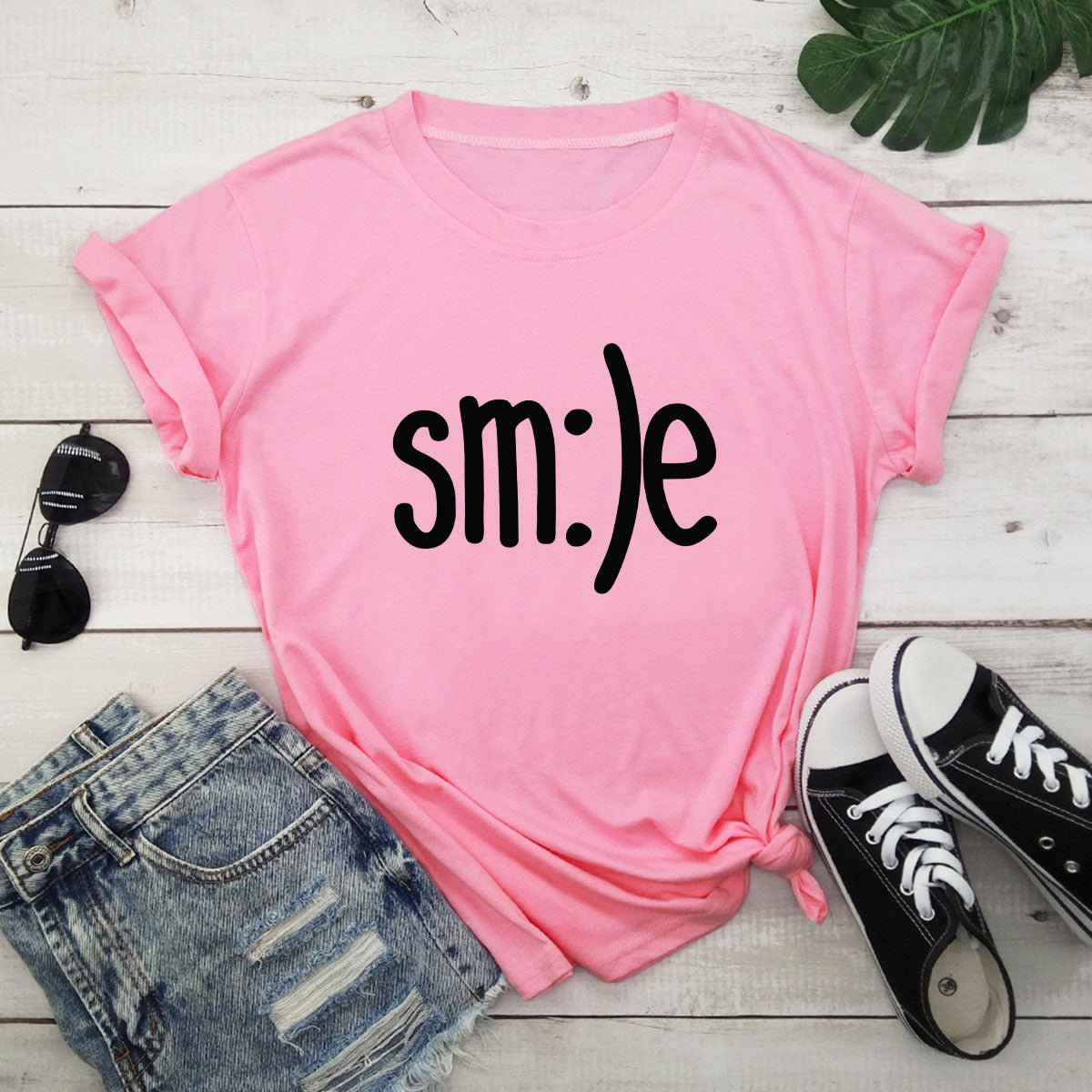 S.W. Women's Smile Letter Printed Shirt O Neck Short Sleeve Tees ( plus size available)