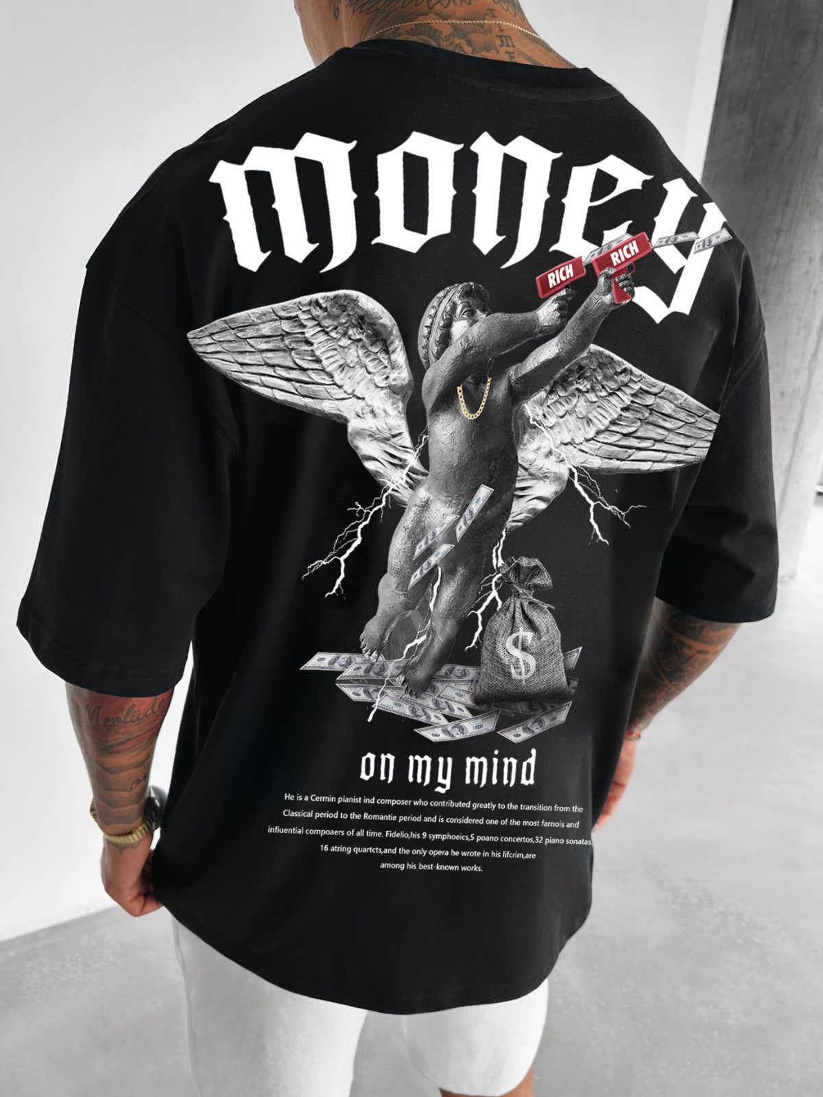 Men's Loose fit Money Angel Print Round Neck Short Sleeve S.M.