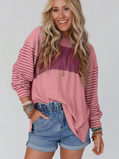 S.W.  Round Neck Striped Long Sleeve Slit T-Shirt