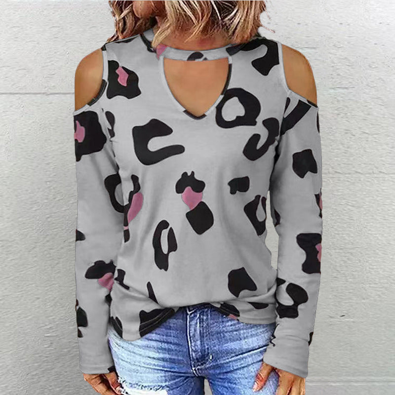 Women's Fashion Casual Printing Off-shoulder Loose Long-sleeved T-shirt S.W.