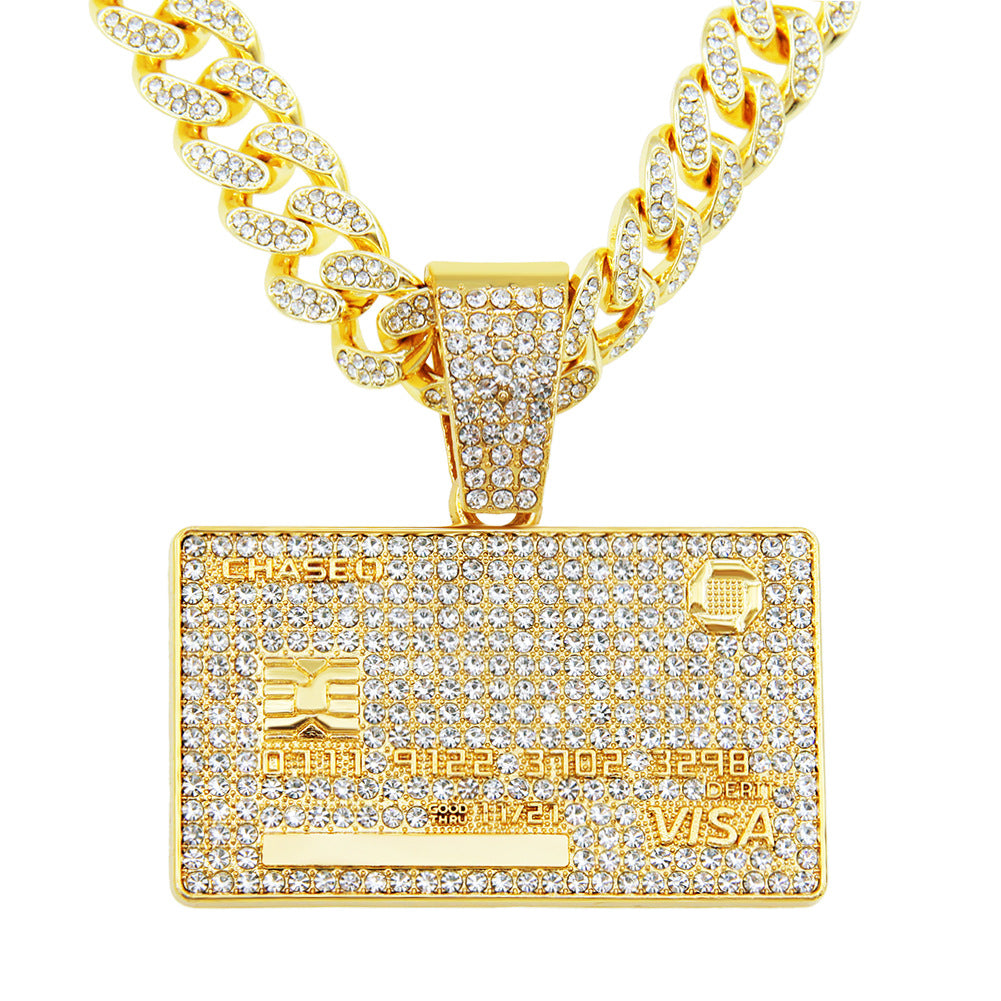 European Hip Hop Full Diamond Domineering Tag Pendant Necklace For Men Trendy Unique Street Wear Cuban Link Chain Necklace