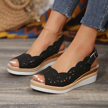 New Fish-mouth Wedge Sandals Summer Thick-soled Hollow Buckle Roman Shoes For Women