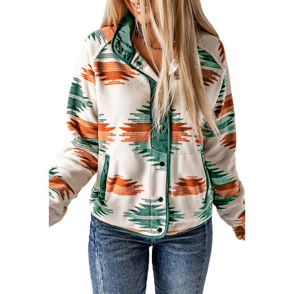 Winter Women's Printed Cardigan Jacket Fashion Color Contrast Fleece Coat