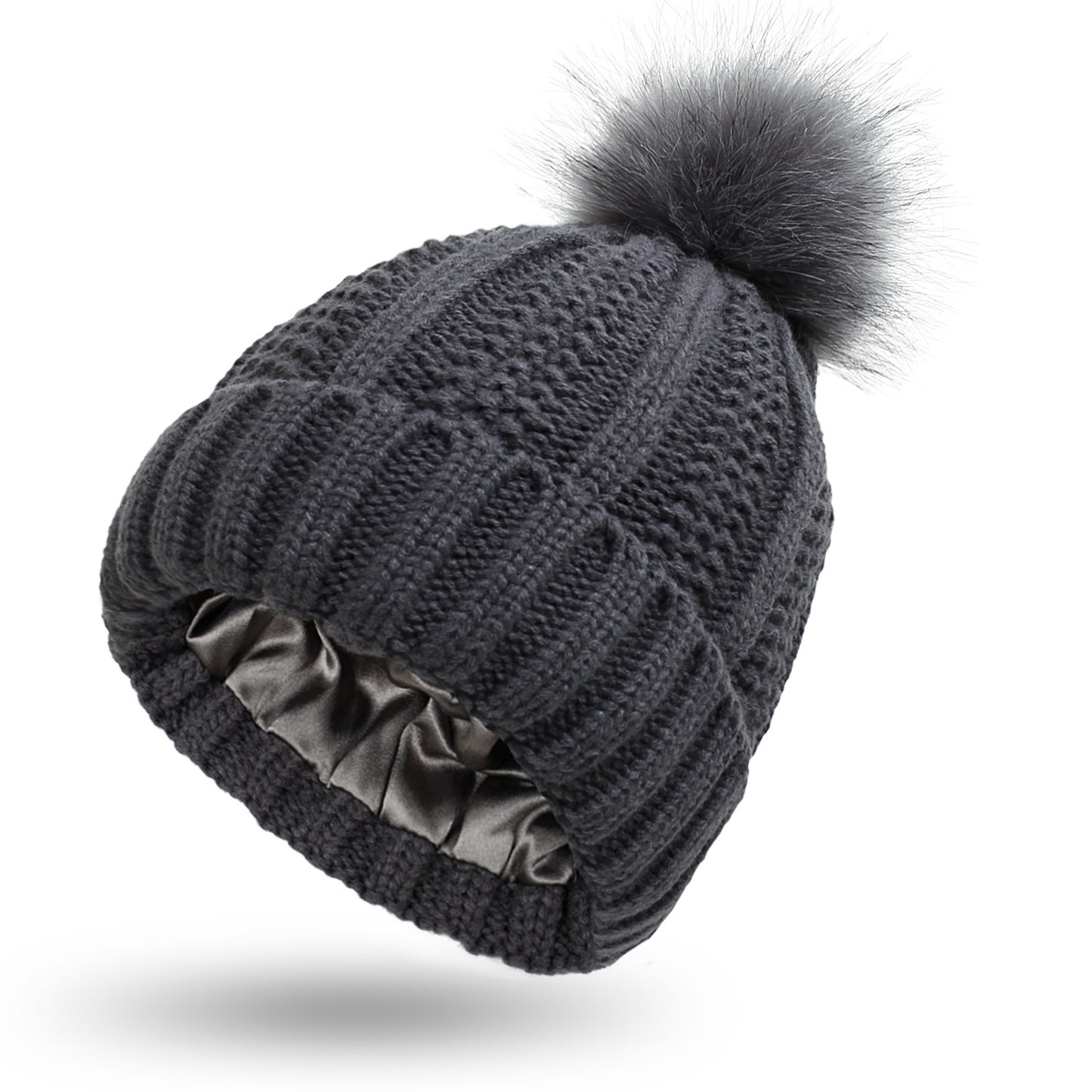 S.H. (Satin inside) Skull Knit Hats Beanie Hat For Women Faux Fur Pom Pom Winter Beanie