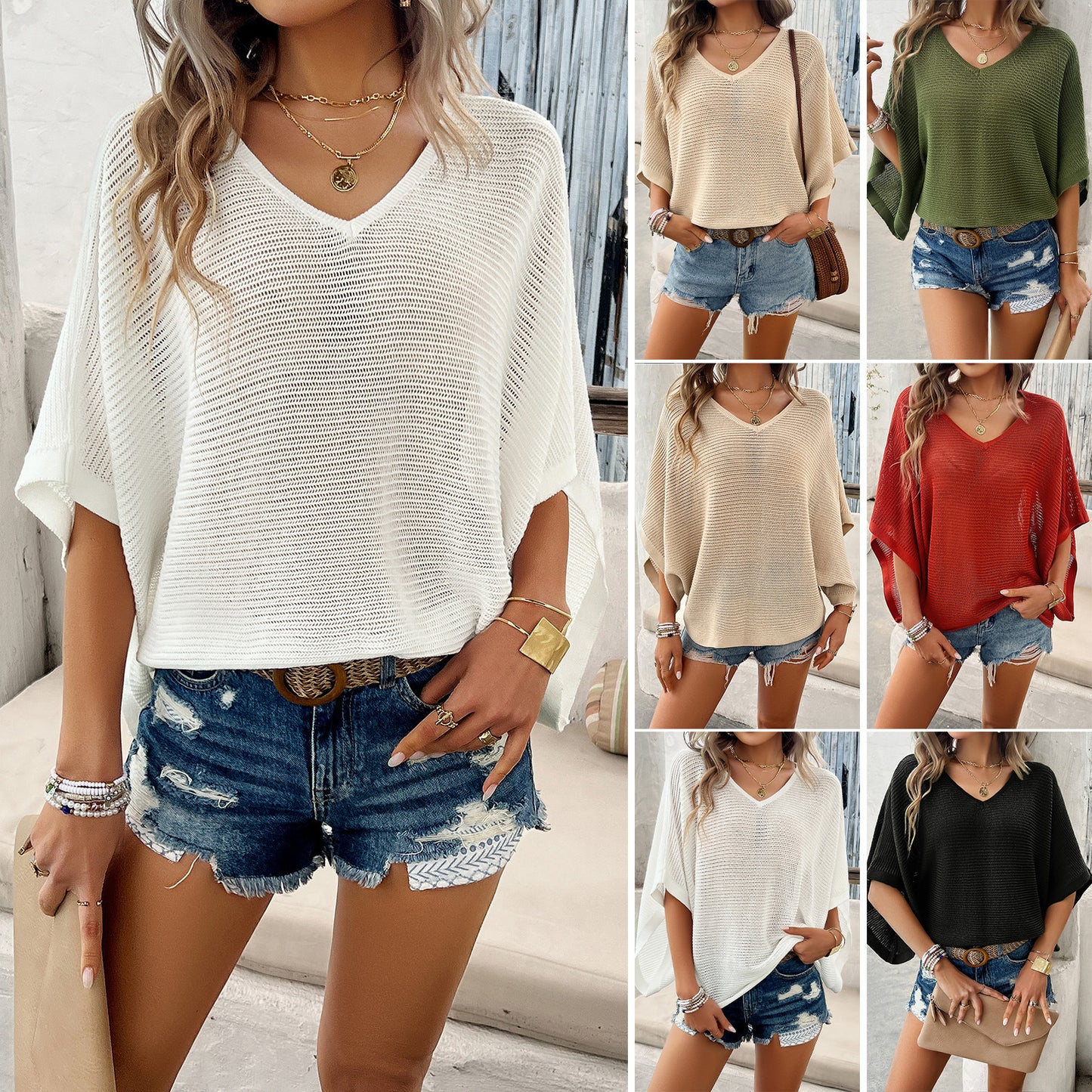 S.W. V-neck Bat Sleeve Short-sleeved Top Summer Casual Loose Hollow Sweater Fashion Womens Clothing