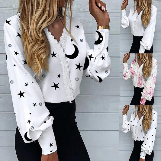 Women's Fashionable Printed Lace Casual Shirt S.W.