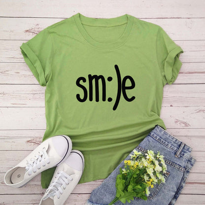 S.W. Women's Smile Letter Printed Shirt O Neck Short Sleeve Tees ( plus size available)