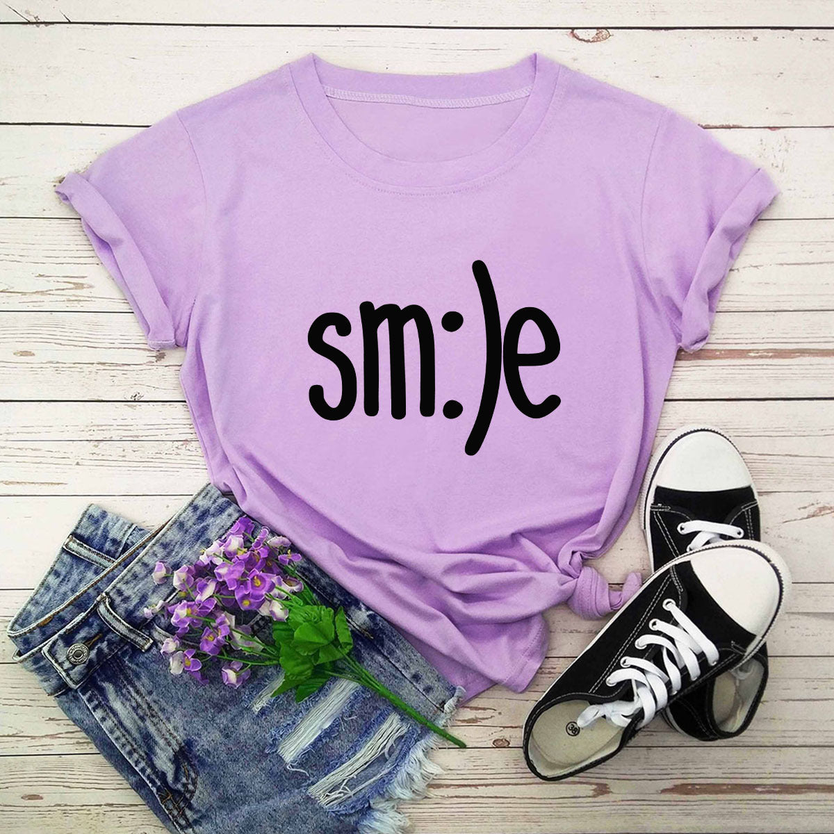 S.W. Women's Smile Letter Printed Shirt O Neck Short Sleeve Tees ( plus size available)