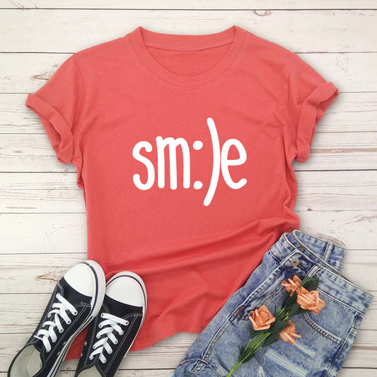S.W. Women's Smile Letter Printed Shirt O Neck Short Sleeve Tees ( plus size available)