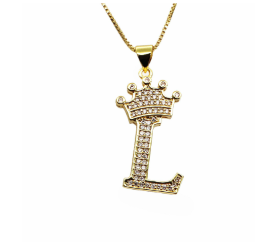 F.J.C. Crown Letter Pendants inlayed with Zirconia with necklace