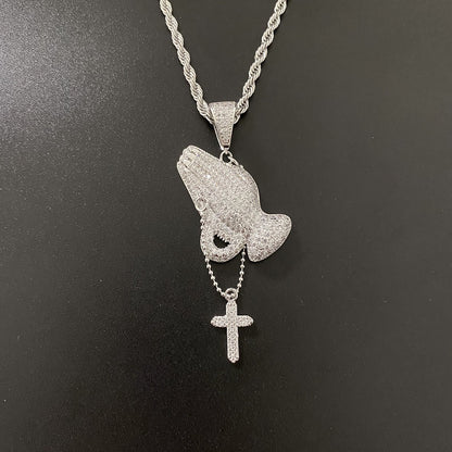 Zircon Inlaid Prayer Hand Cross Necklace