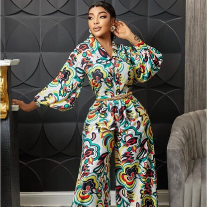 V-neck Printed High Waist Wide Leg Straight Jumpsuit