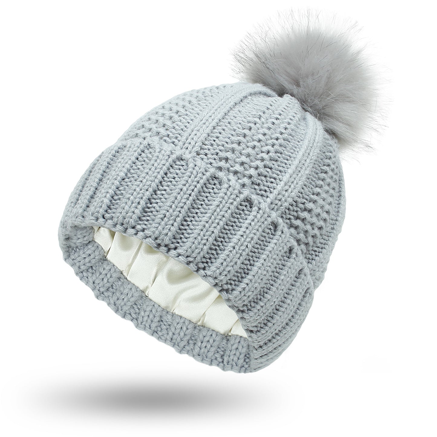 S.H. (Satin inside) Skull Knit Hats Beanie Hat For Women Faux Fur Pom Pom Winter Beanie