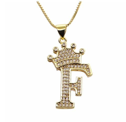 F.J.C. Crown Letter Pendants inlayed with Zirconia with necklace