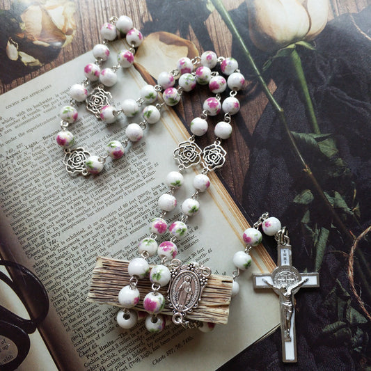 Ceramic Rose Hollow Rosary Beads Drop Oil Cross Pendant Trend Long Bead Chain Men's And Women's Necklaces Wholesale