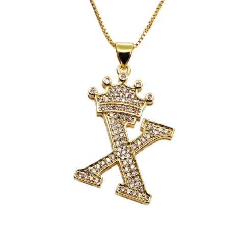 F.J.C. Crown Letter Pendants inlayed with Zirconia with necklace