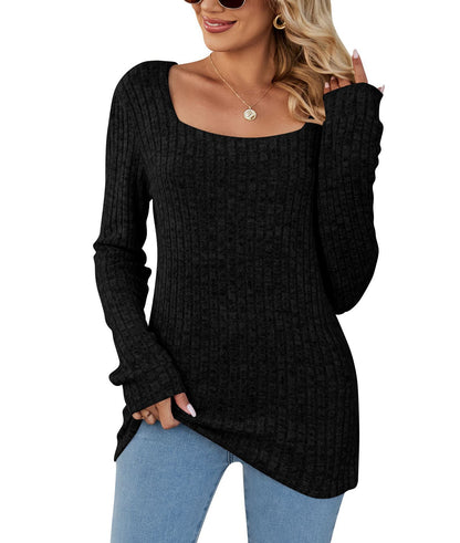 Square Collar Sunken Stripe Brushed Casual Long Sleeve Women