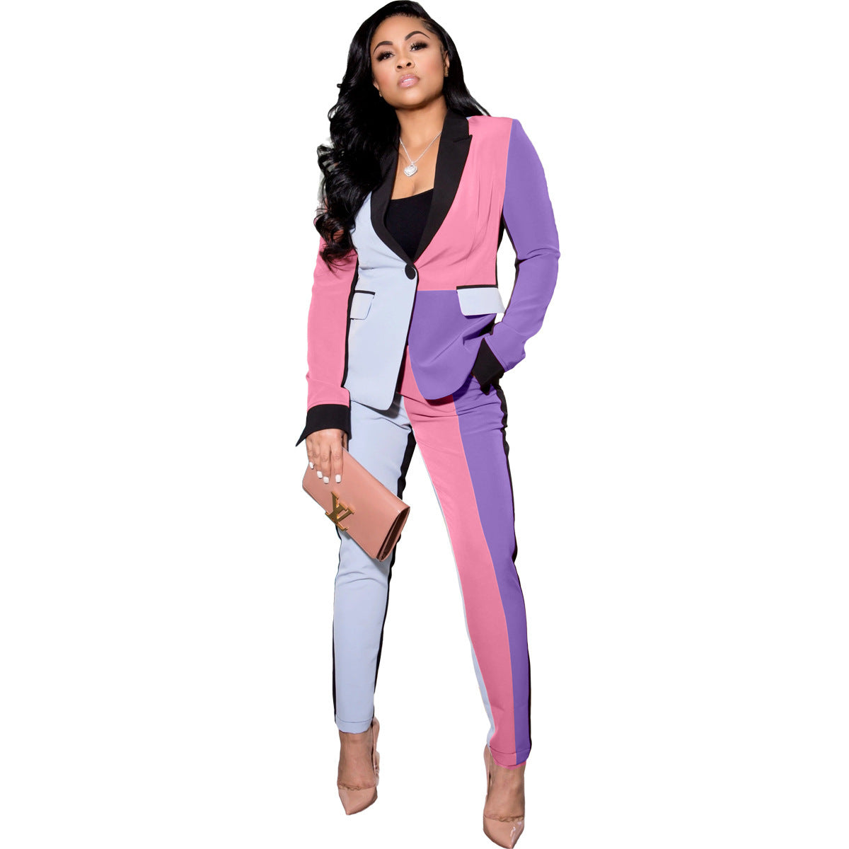 F.J.C.  S.W. Women's Color Contrast Patchwork Fashion Suit Pants&Top Two-piece Set