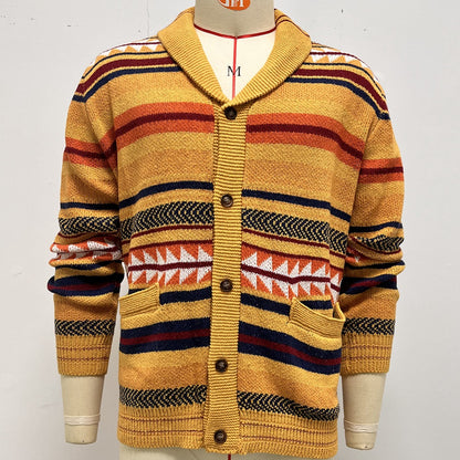 S.M. Contrasting Color Jacquard Knitted Cardigan Coat For Men