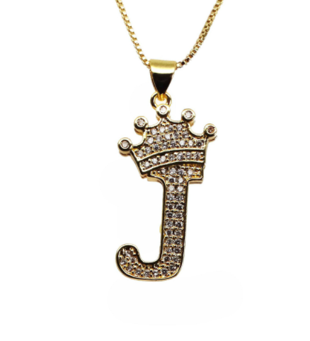 F.J.C. Crown Letter Pendants inlayed with Zirconia with necklace