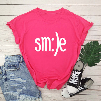 S.W. Women's Smile Letter Printed Shirt O Neck Short Sleeve Tees ( plus size available)