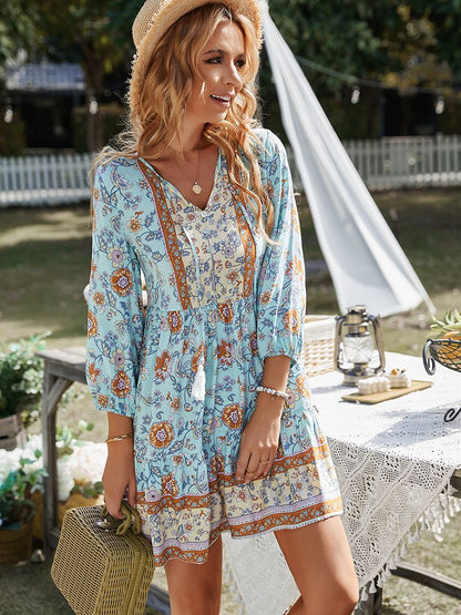 F.J.C.  S.W.  Boho Print  V-Neck Long Sleeve Fringe Dress