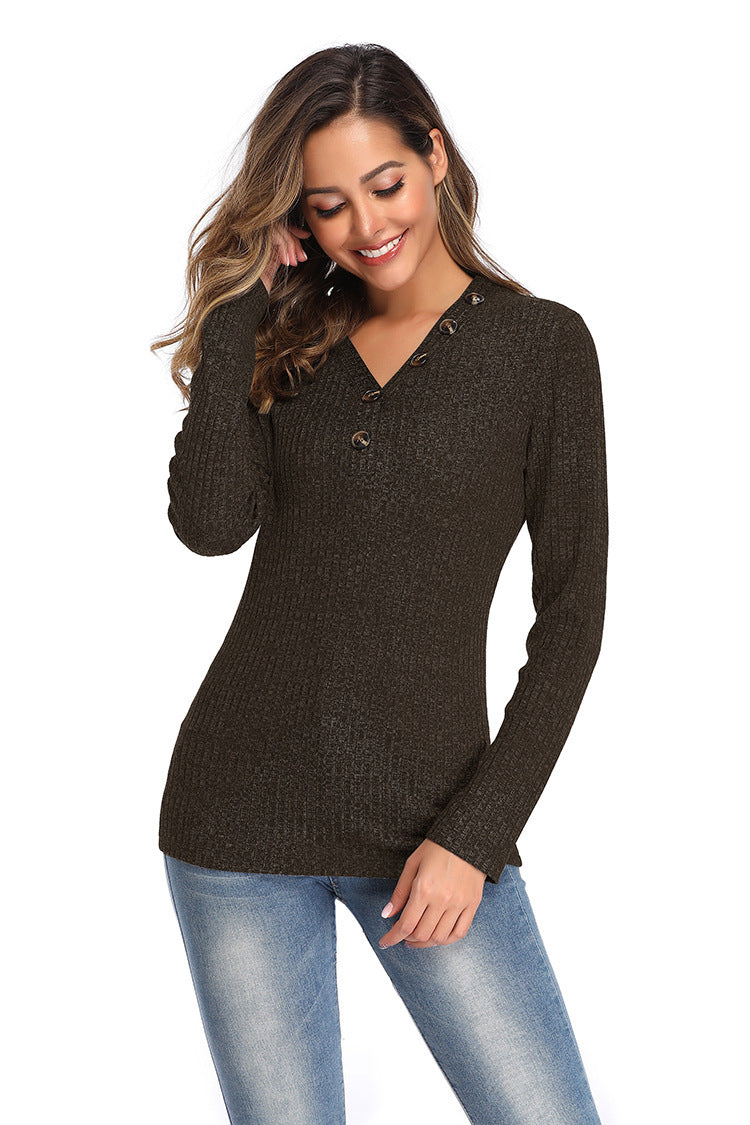 S.W. Women's V-neck Button  Long-sleeved Slim fitting Sweater