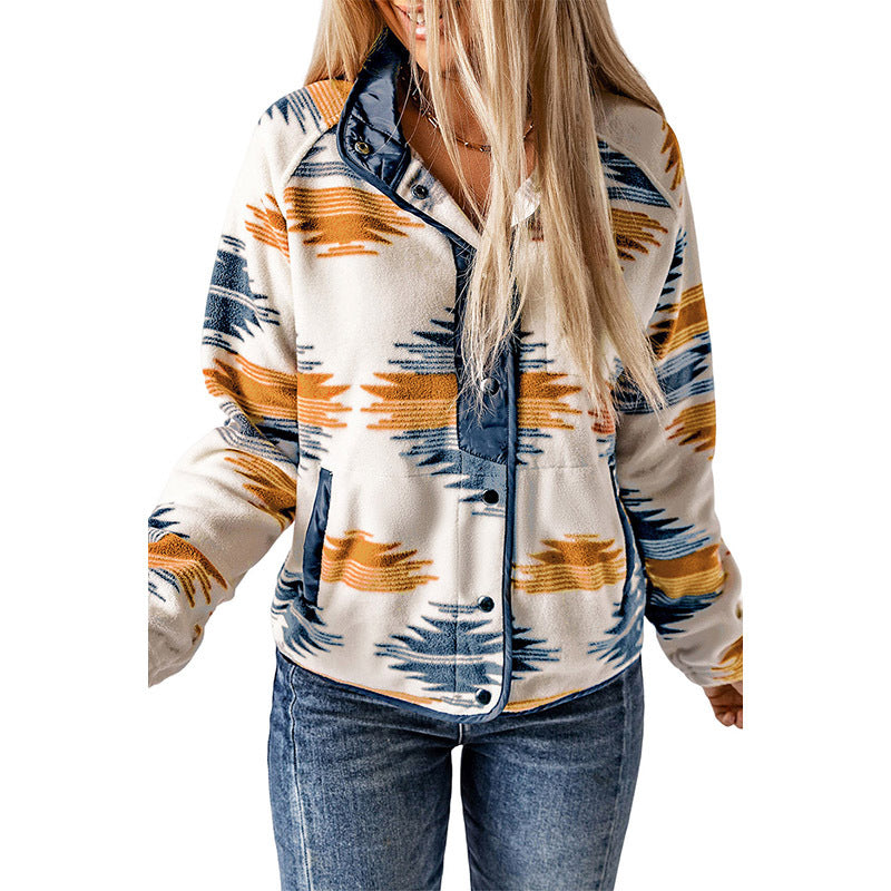 Winter Women's Printed Cardigan Jacket Fashion Color Contrast Fleece Coat