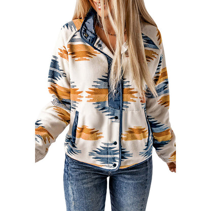 Winter Women's Printed Cardigan Jacket Fashion Color Contrast Fleece Coat