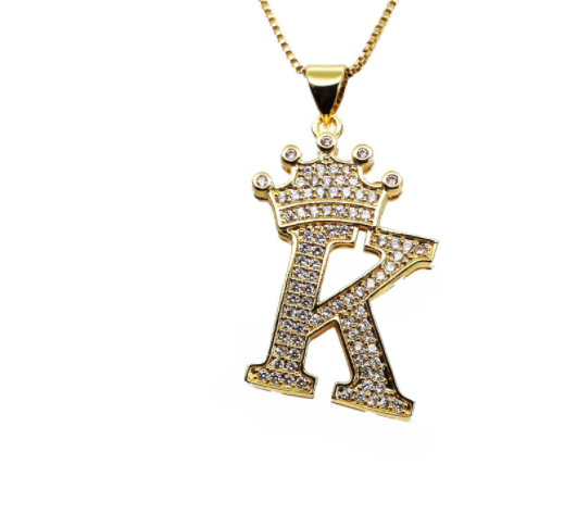 F.J.C. Crown Letter Pendants inlayed with Zirconia with necklace