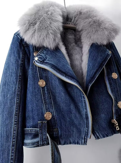 F.J.C.  S.W.  WOMEN'S Detachable Fox Fur Rabbit Fur Liner Denim Coat