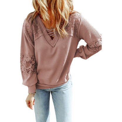 Women's Lace Waffle Long-sleeved Top S.W.