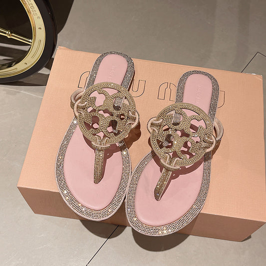 TB leather flip-flops with diamond women's shoes with diamond luxury women's flat