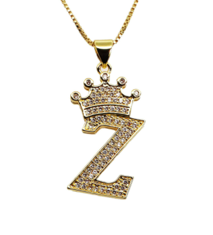 F.J.C. Crown Letter Pendants inlayed with Zirconia with necklace