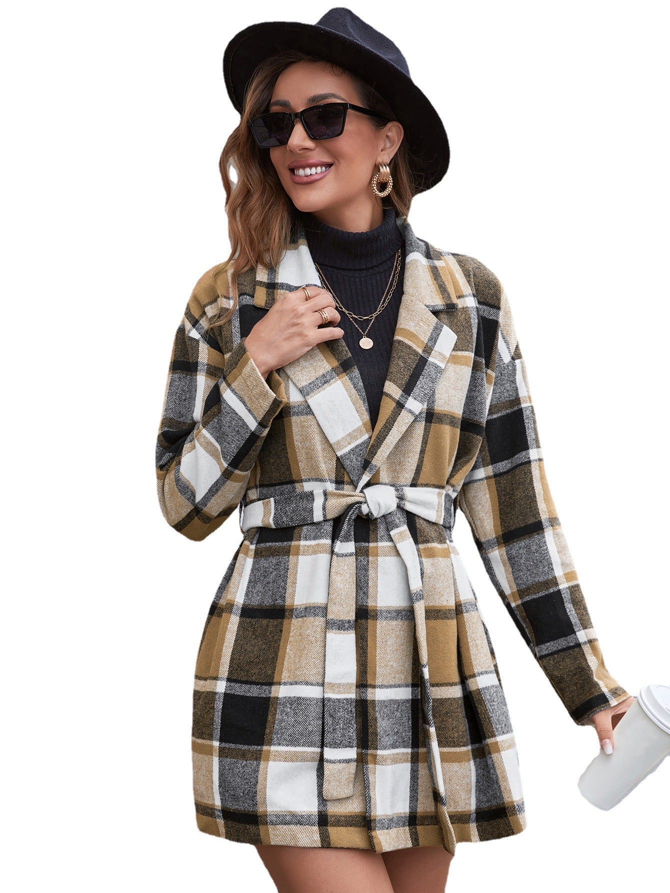 S.W. Women's Casual Checkered Lapel Belted Trench Coat Woolen