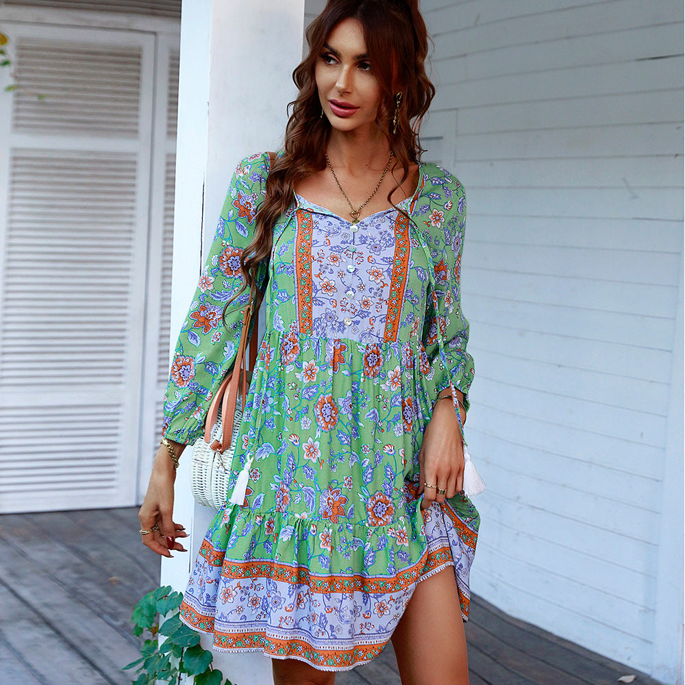 F.J.C.  S.W.  Boho Print  V-Neck Long Sleeve Fringe Dress