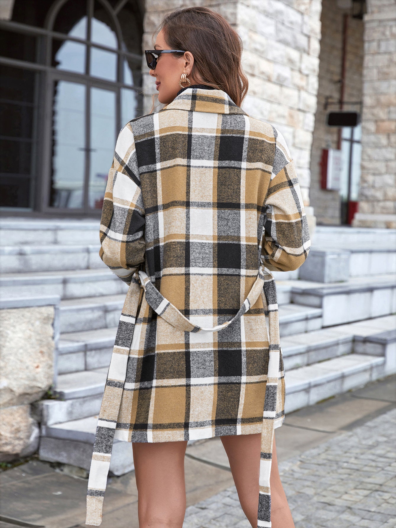 S.W. Women's Casual Checkered Lapel Belted Trench Coat Woolen