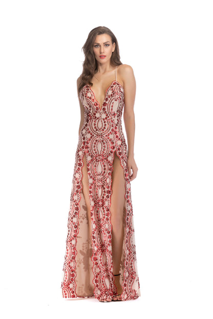 Women's New Sexy Halter Strap Sequin Split Dress