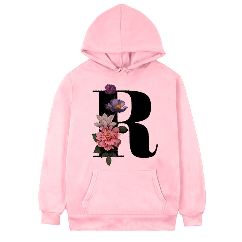 Women's 26-letter Flowers Printed Fleece Hoodie S.W.