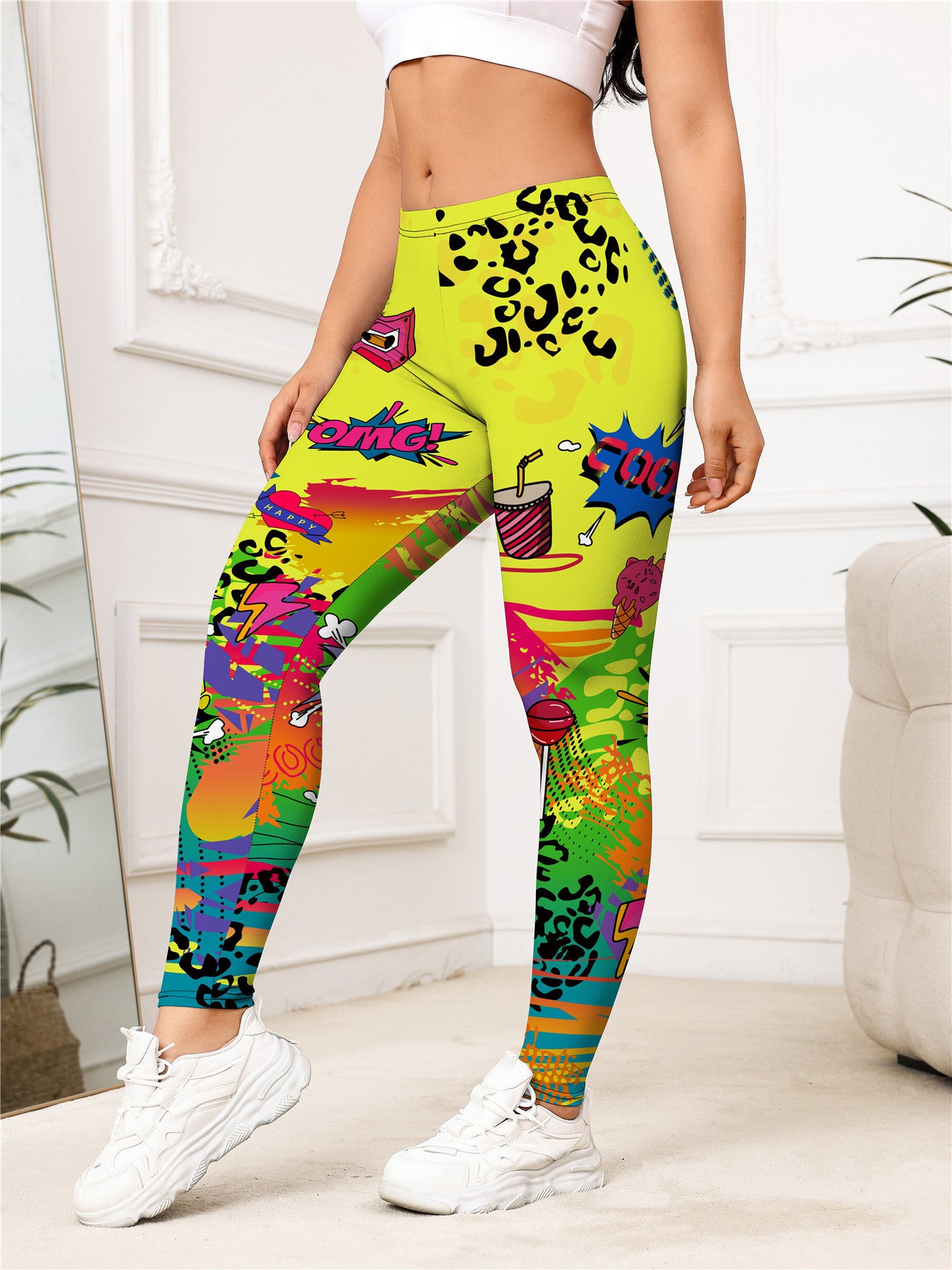 S.W. Yellow Cartoon Printed Sports Slim-fitting Leggings