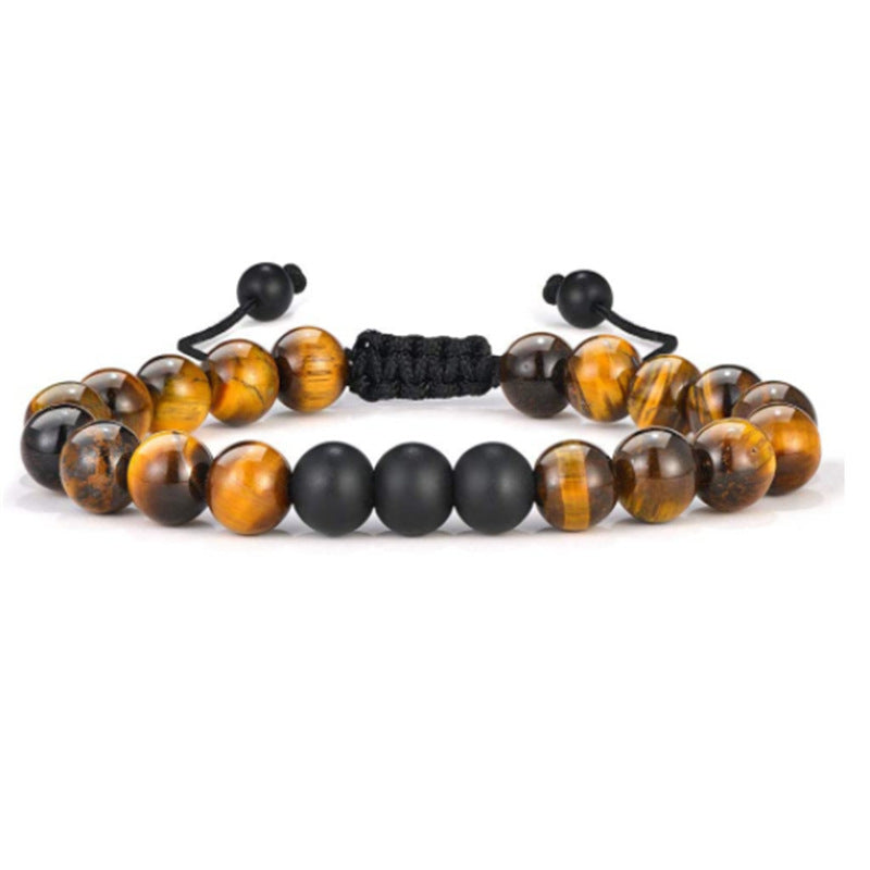 a bracelet with tiger's eye beads and a black cord