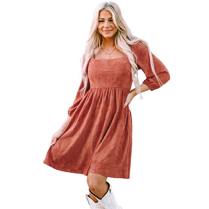 Suede European And American Autumn Solid Color Square Collar Puff Sleeve Waist Dress