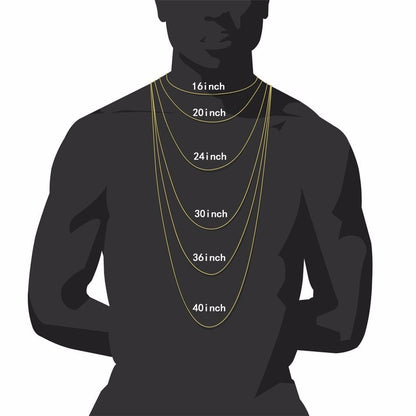 a man wearing a gold chain necklace with measurements