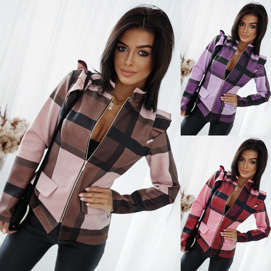 Slim Fit Plaid Printed Zipper Short Long Sleeve Jacket