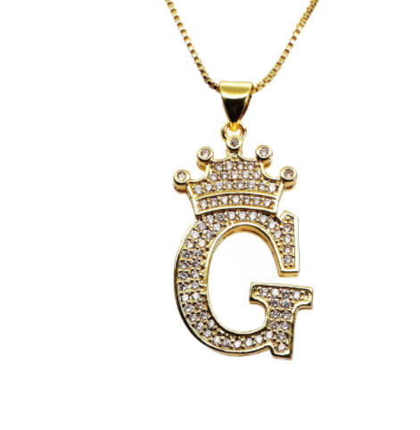 F.J.C. Crown Letter Pendants inlayed with Zirconia with necklace