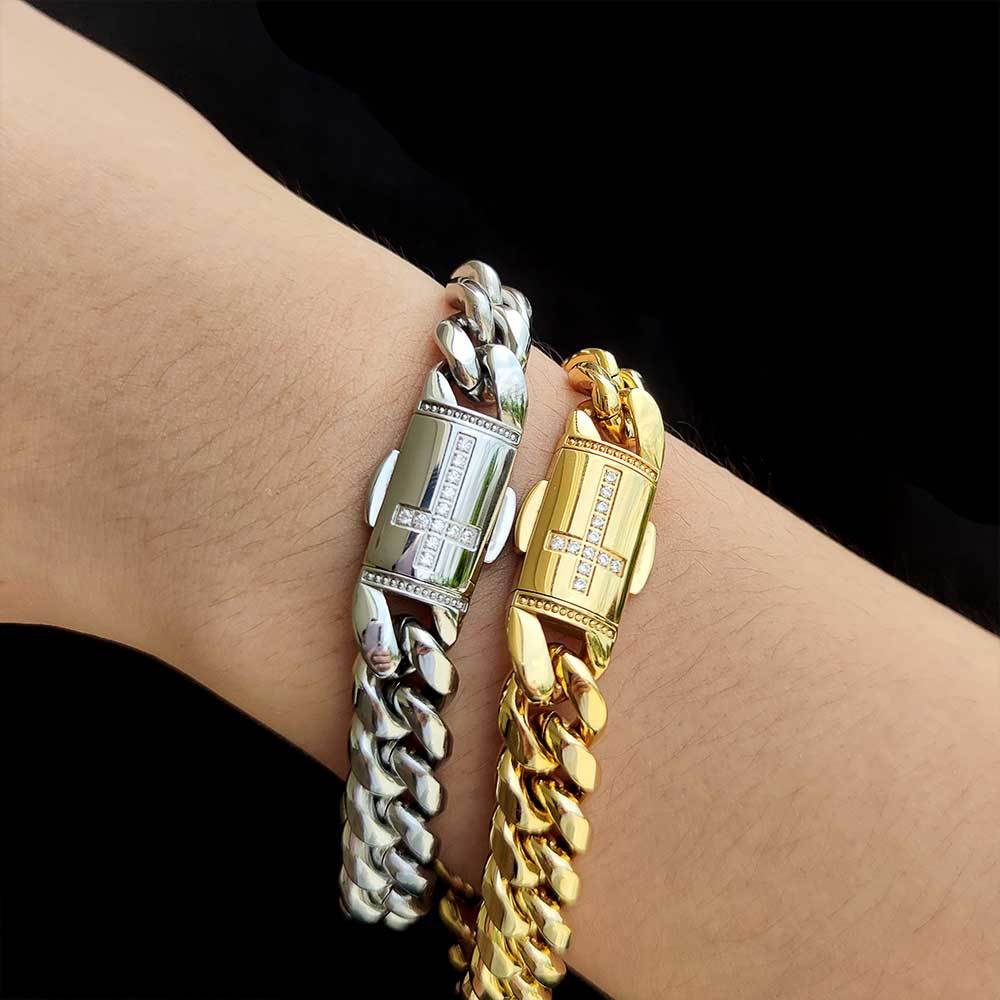 Stainless Steel Cuban Chain Micro Set Zircon Spring Snap Bracelet