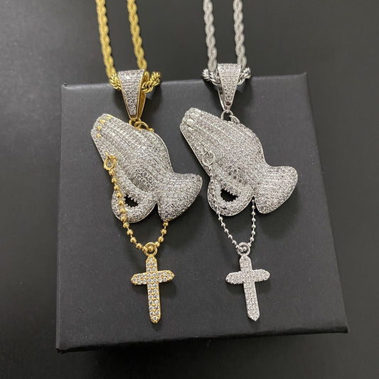 Zircon Inlaid Prayer Hand Cross Necklace