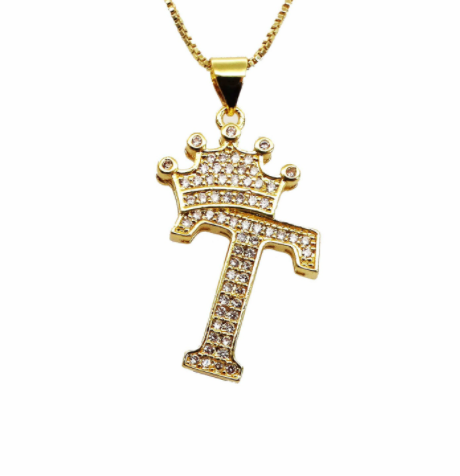 F.J.C. Crown Letter Pendants inlayed with Zirconia with necklace