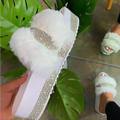 Women Bling Fluffy Slippers Fur Slides Platform Wedges Heel Solid