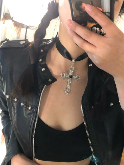 Gothic Cross Ribbon Necklace Punk